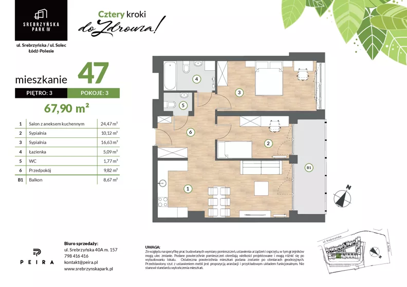 3 pokoje, mieszkanie 67,90 m², piętro 3, oferta nr M47, Srebrzyńska Park IV, Łódź, Polesie, ul. Srebrzyńska 109