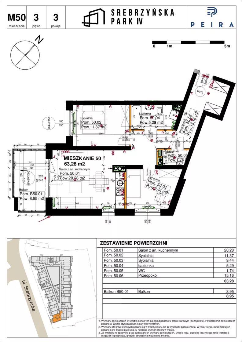 3 pokoje, mieszkanie 63,28 m², piętro 3, oferta nr M50, Srebrzyńska Park IV, Łódź, Polesie, ul. Srebrzyńska 109