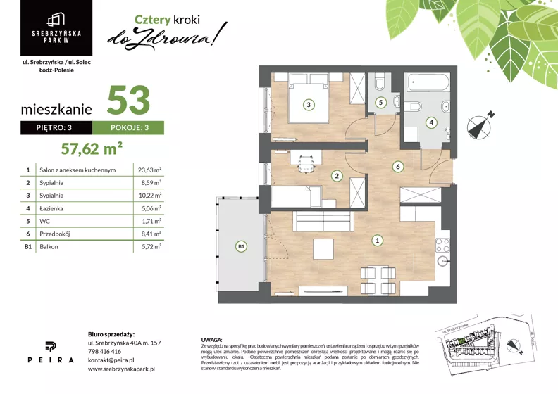 3 pokoje, mieszkanie 57,62 m², piętro 3, oferta nr M53, Srebrzyńska Park IV, Łódź, Polesie, ul. Srebrzyńska 109