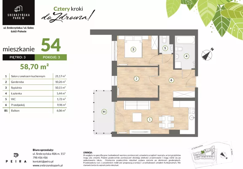 3 pokoje, mieszkanie 58,70 m², piętro 3, oferta nr M54, Srebrzyńska Park IV, Łódź, Polesie, ul. Srebrzyńska 109