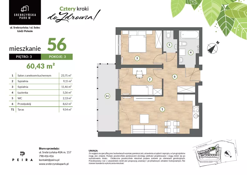 3 pokoje, mieszkanie 60,43 m², piętro 3, oferta nr M56, Srebrzyńska Park IV, Łódź, Polesie, ul. Srebrzyńska 109
