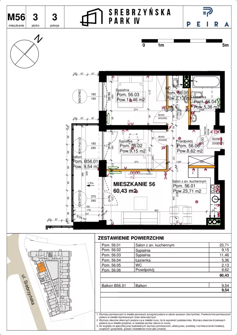 3 pokoje, mieszkanie 60,43 m², piętro 3, oferta nr M56, Srebrzyńska Park IV, Łódź, Polesie, ul. Srebrzyńska 109