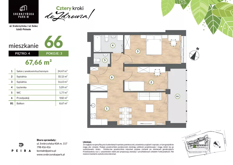 3 pokoje, mieszkanie 67,90 m², piętro 4, oferta nr M66, Srebrzyńska Park IV, Łódź, Polesie, ul. Srebrzyńska 109