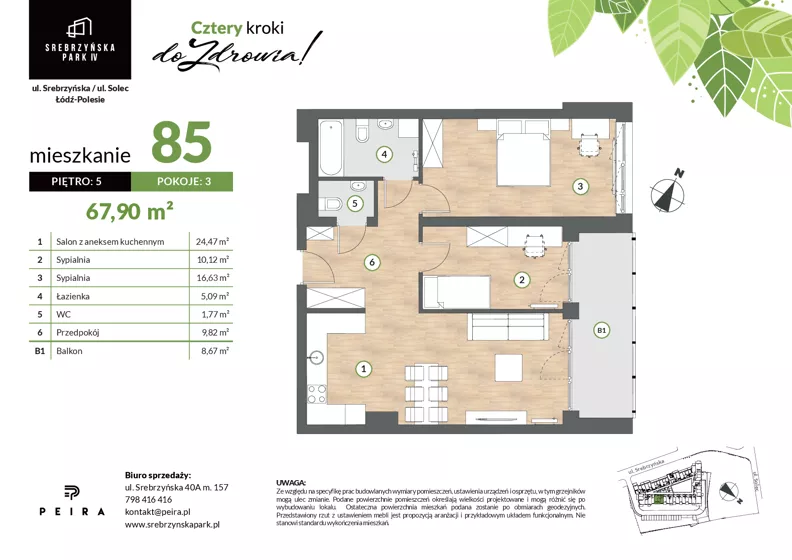 3 pokoje, mieszkanie 67,90 m², piętro 5, oferta nr M85, Srebrzyńska Park IV, Łódź, Polesie, ul. Srebrzyńska 109