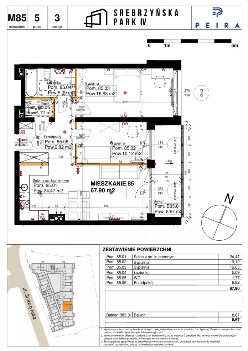 3 pokoje, mieszkanie 67,90 m², piętro 5, oferta nr M85, Srebrzyńska Park IV, Łódź, Polesie, ul. Srebrzyńska 109