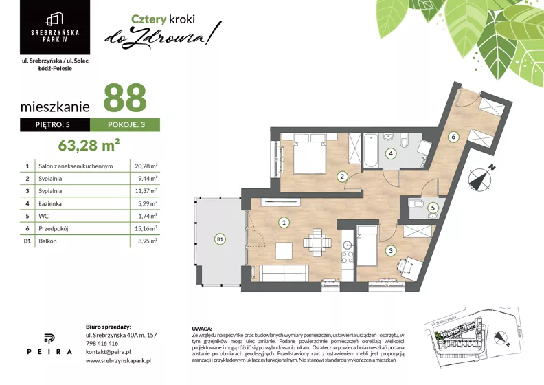 3 pokoje, mieszkanie 63,28 m², piętro 5, oferta nr M88, Srebrzyńska Park IV, Łódź, Polesie, ul. Srebrzyńska 109