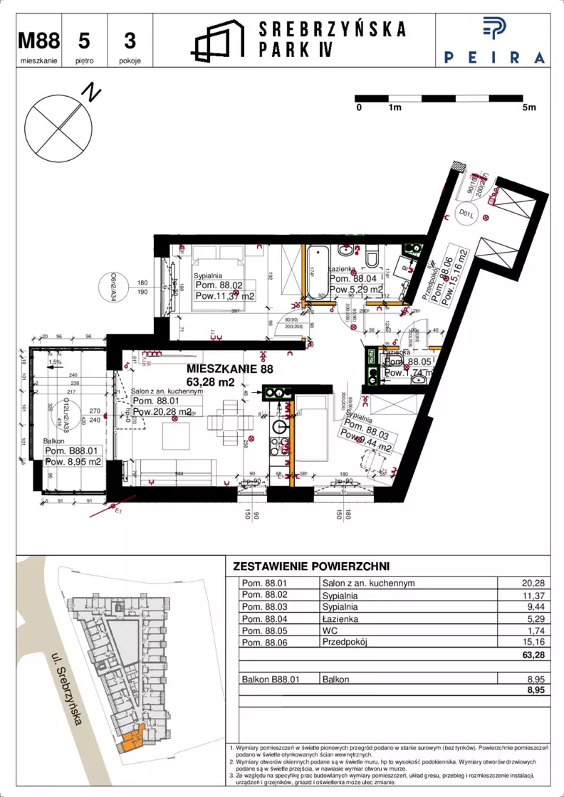 3 pokoje, mieszkanie 63,28 m², piętro 5, oferta nr M88, Srebrzyńska Park IV, Łódź, Polesie, ul. Srebrzyńska 109