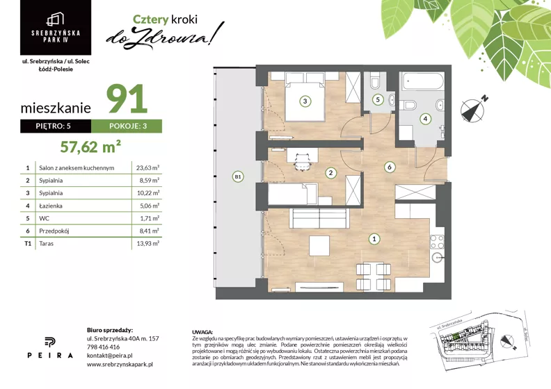 3 pokoje, mieszkanie 57,62 m², piętro 5, oferta nr M91, Srebrzyńska Park IV, Łódź, Polesie, ul. Srebrzyńska 109