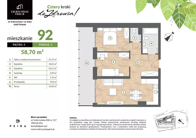 3 pokoje, mieszkanie 58,70 m², piętro 5, oferta nr M92, Srebrzyńska Park IV, Łódź, Polesie, ul. Srebrzyńska 109