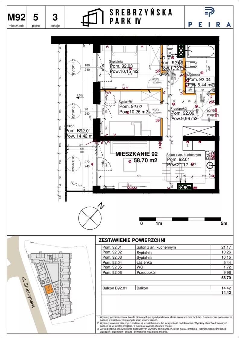 3 pokoje, mieszkanie 58,70 m², piętro 5, oferta nr M92, Srebrzyńska Park IV, Łódź, Polesie, ul. Srebrzyńska 109
