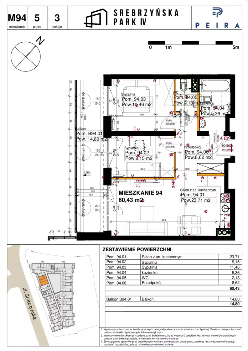 3 pokoje, mieszkanie 60,43 m², piętro 5, oferta nr M94, Srebrzyńska Park IV, Łódź, Polesie, ul. Srebrzyńska 109