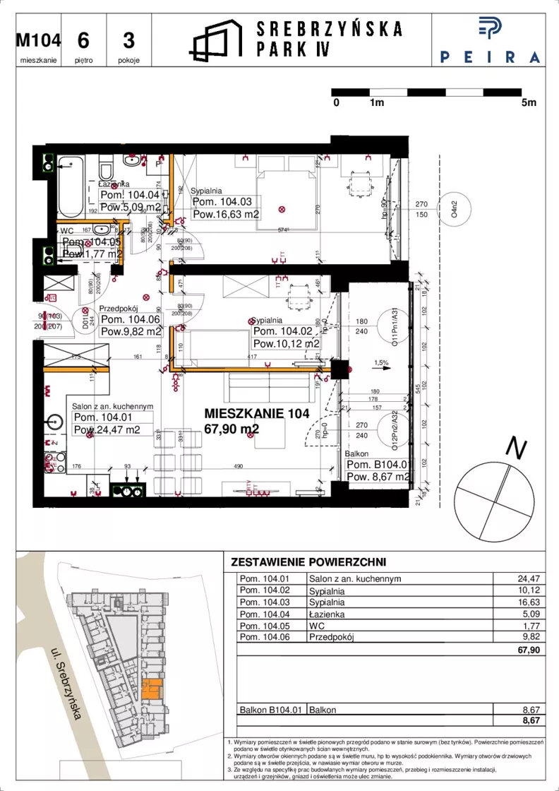 3 pokoje, mieszkanie 67,90 m², piętro 6, oferta nr M104, Srebrzyńska Park IV, Łódź, Polesie, ul. Srebrzyńska 109