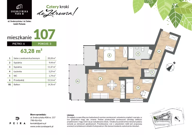 3 pokoje, mieszkanie 63,28 m², piętro 6, oferta nr M107, Srebrzyńska Park IV, Łódź, Polesie, ul. Srebrzyńska 109
