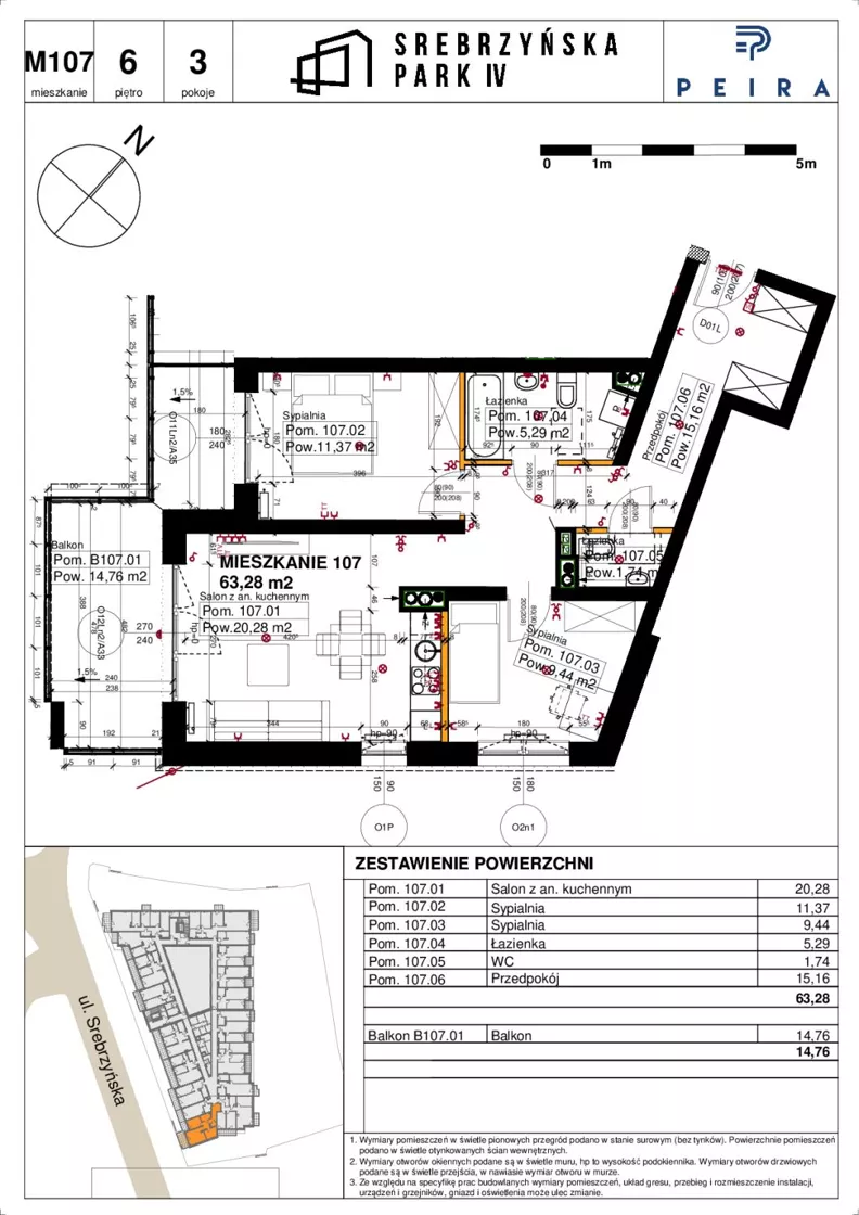 3 pokoje, mieszkanie 63,28 m², piętro 6, oferta nr M107, Srebrzyńska Park IV, Łódź, Polesie, ul. Srebrzyńska 109