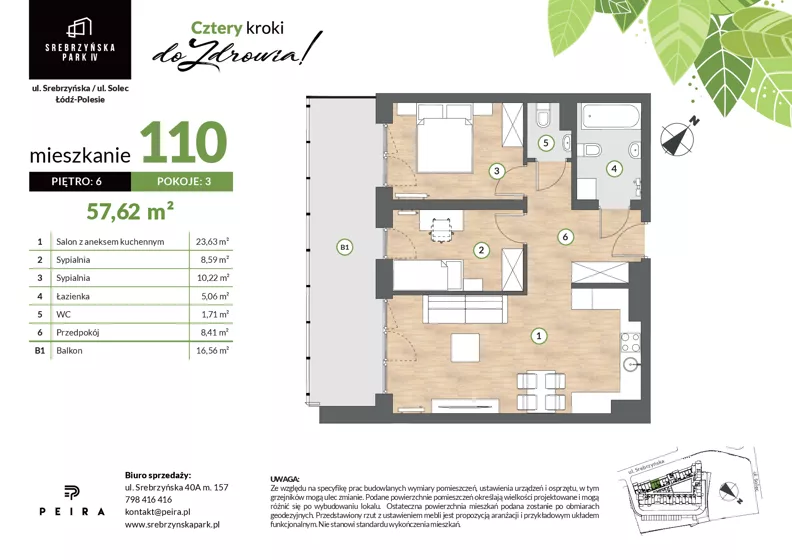 3 pokoje, mieszkanie 57,62 m², piętro 6, oferta nr M110, Srebrzyńska Park IV, Łódź, Polesie, ul. Srebrzyńska 109