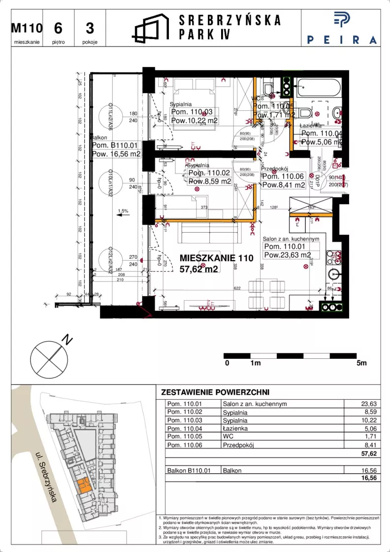 3 pokoje, mieszkanie 57,62 m², piętro 6, oferta nr M110, Srebrzyńska Park IV, Łódź, Polesie, ul. Srebrzyńska 109