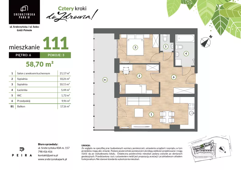 3 pokoje, mieszkanie 58,70 m², piętro 6, oferta nr M111, Srebrzyńska Park IV, Łódź, Polesie, ul. Srebrzyńska 109