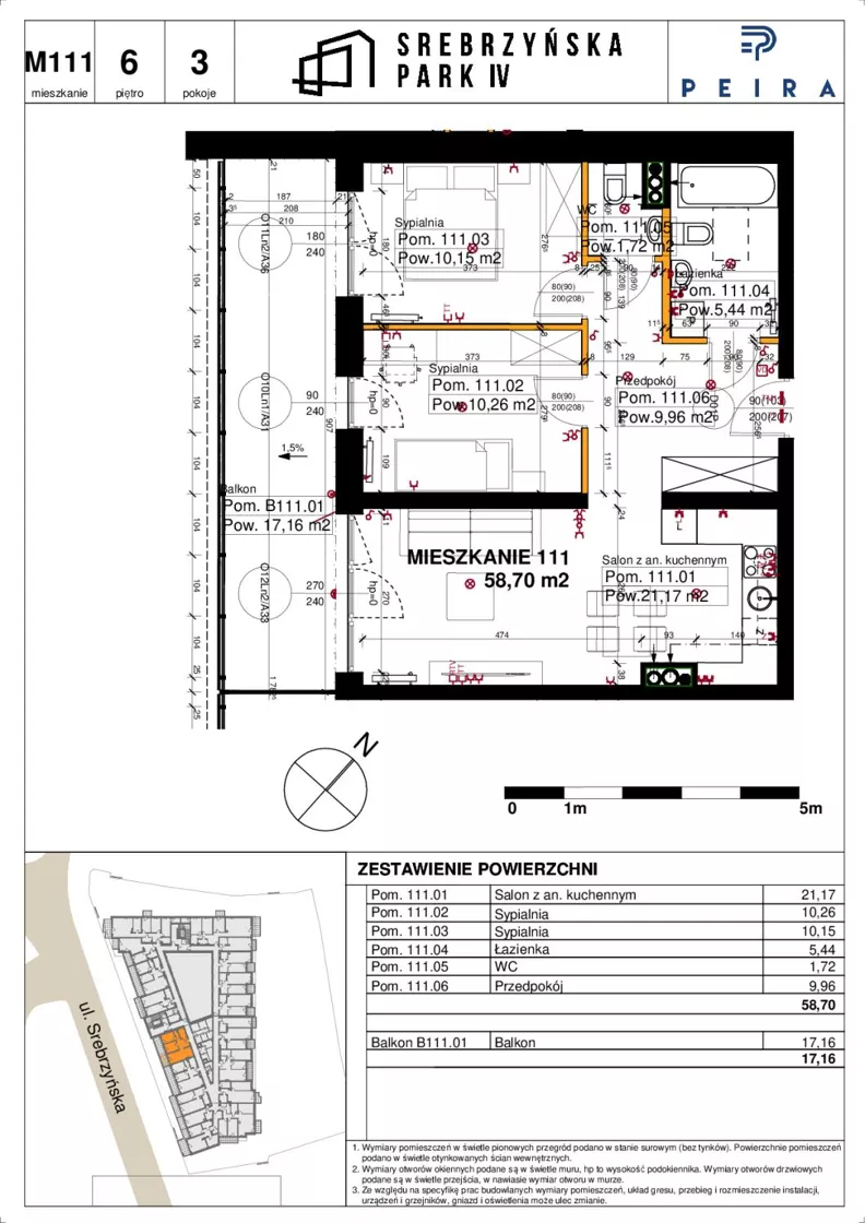 3 pokoje, mieszkanie 58,70 m², piętro 6, oferta nr M111, Srebrzyńska Park IV, Łódź, Polesie, ul. Srebrzyńska 109