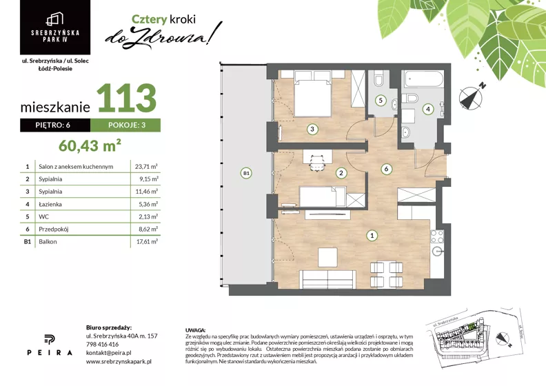 3 pokoje, mieszkanie 60,43 m², piętro 6, oferta nr M113, Srebrzyńska Park IV, Łódź, Polesie, ul. Srebrzyńska 109