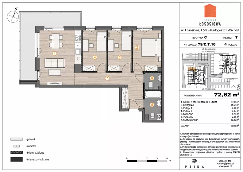 4 pokoje, mieszkanie 72,62 m², piętro 7, oferta nr 79, Osiedle Łososiowa, Łódź, Bałuty, Radogoszcz, ul. Okoniowa 11-13