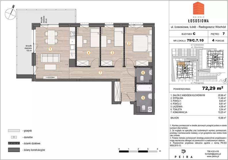 4 pokoje, mieszkanie 72,62 m², piętro 7, oferta nr 79, Osiedle Łososiowa, Łódź, Bałuty, Radogoszcz, ul. Okoniowa 11-13
