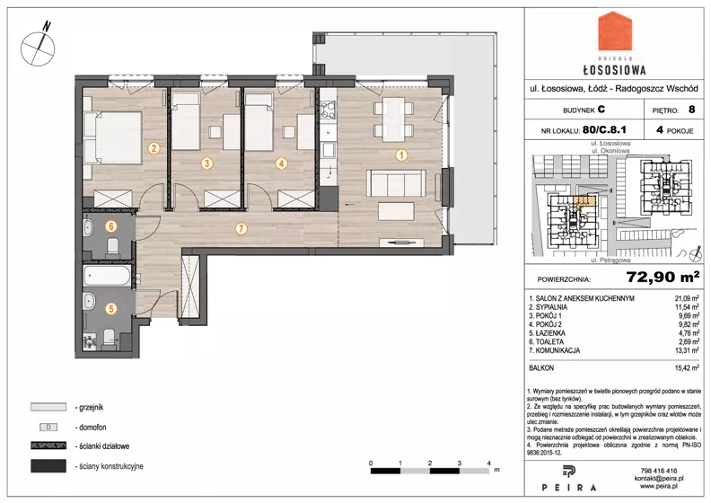 4 pokoje, mieszkanie 72,90 m², piętro 8, oferta nr 80, Osiedle Łososiowa, Łódź, Bałuty, Radogoszcz, ul. Okoniowa 11-13