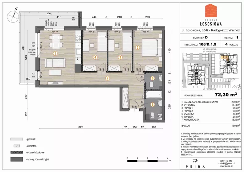 4 pokoje, mieszkanie 72,40 m², piętro 1, oferta nr 106, Osiedle Łososiowa, Łódź, Bałuty, Radogoszcz, ul. Okoniowa 11-13