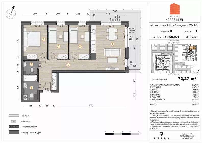 4 pokoje, mieszkanie 72,40 m², piętro 2, oferta nr 107, Osiedle Łososiowa, Łódź, Bałuty, Radogoszcz, ul. Okoniowa 11-13