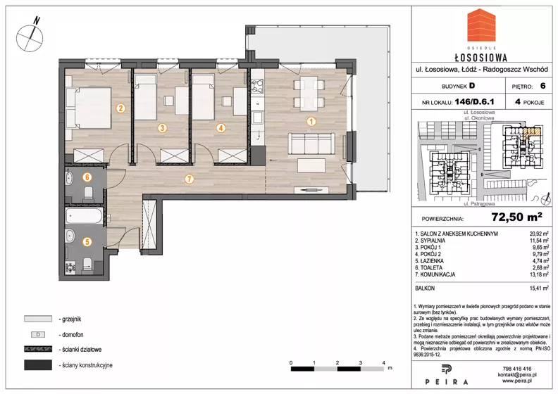 4 pokoje, mieszkanie 72,50 m², piętro 6, oferta nr 146, Osiedle Łososiowa, Łódź, Bałuty, Radogoszcz, ul. Okoniowa 11-13