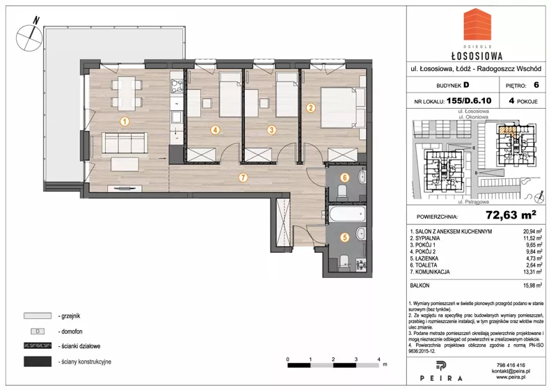 4 pokoje, mieszkanie 72,63 m², piętro 6, oferta nr 155, Osiedle Łososiowa, Łódź, Bałuty, Radogoszcz, ul. Okoniowa 11-13