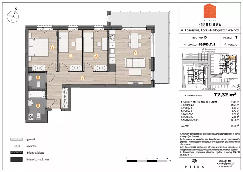 4 pokoje, mieszkanie 72,32 m², piętro 7, oferta nr 156, Osiedle Łososiowa, Łódź, Bałuty, Radogoszcz, ul. Okoniowa 11-13
