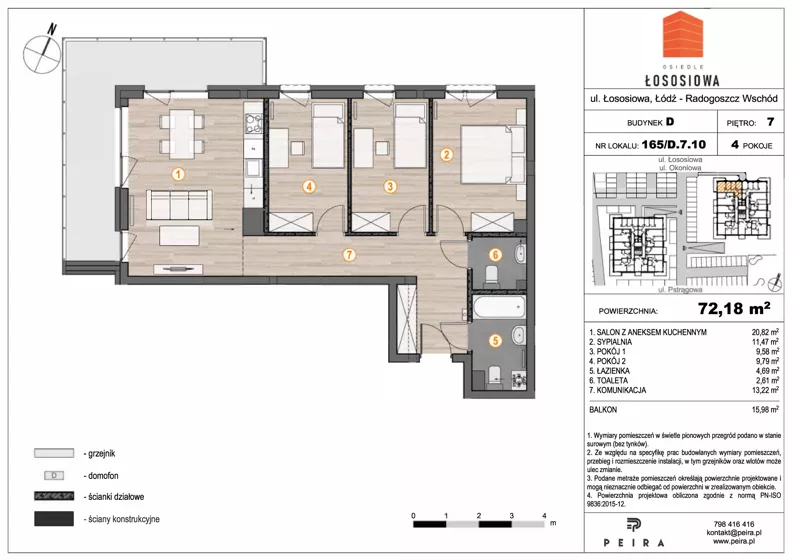 4 pokoje, mieszkanie 72,18 m², piętro 7, oferta nr 165, Osiedle Łososiowa, Łódź, Bałuty, Radogoszcz, ul. Okoniowa 11-13