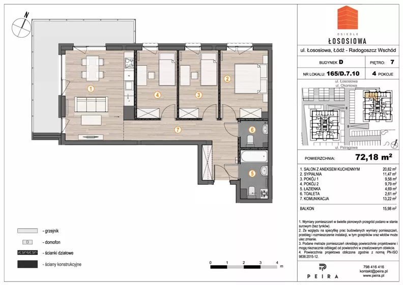 4 pokoje, mieszkanie 72,18 m², piętro 7, oferta nr 165, Osiedle Łososiowa, Łódź, Bałuty, Radogoszcz, ul. Okoniowa 11-13