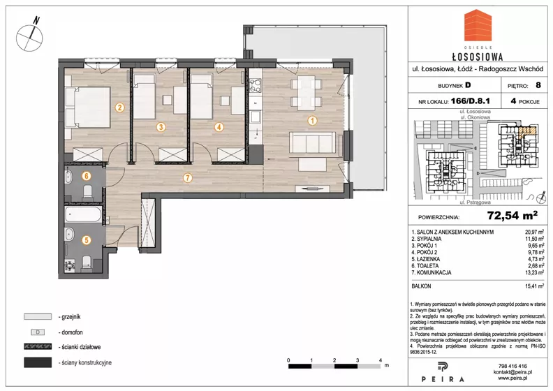 4 pokoje, mieszkanie 72,54 m², piętro 8, oferta nr 166, Osiedle Łososiowa, Łódź, Bałuty, Radogoszcz, ul. Okoniowa 11-13