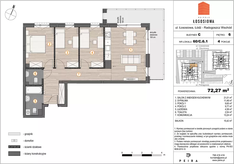 4 pokoje, mieszkanie 72,64 m², piętro 6, oferta nr 60, Osiedle Łososiowa, Łódź, Bałuty, Radogoszcz, ul. Okoniowa 11-13