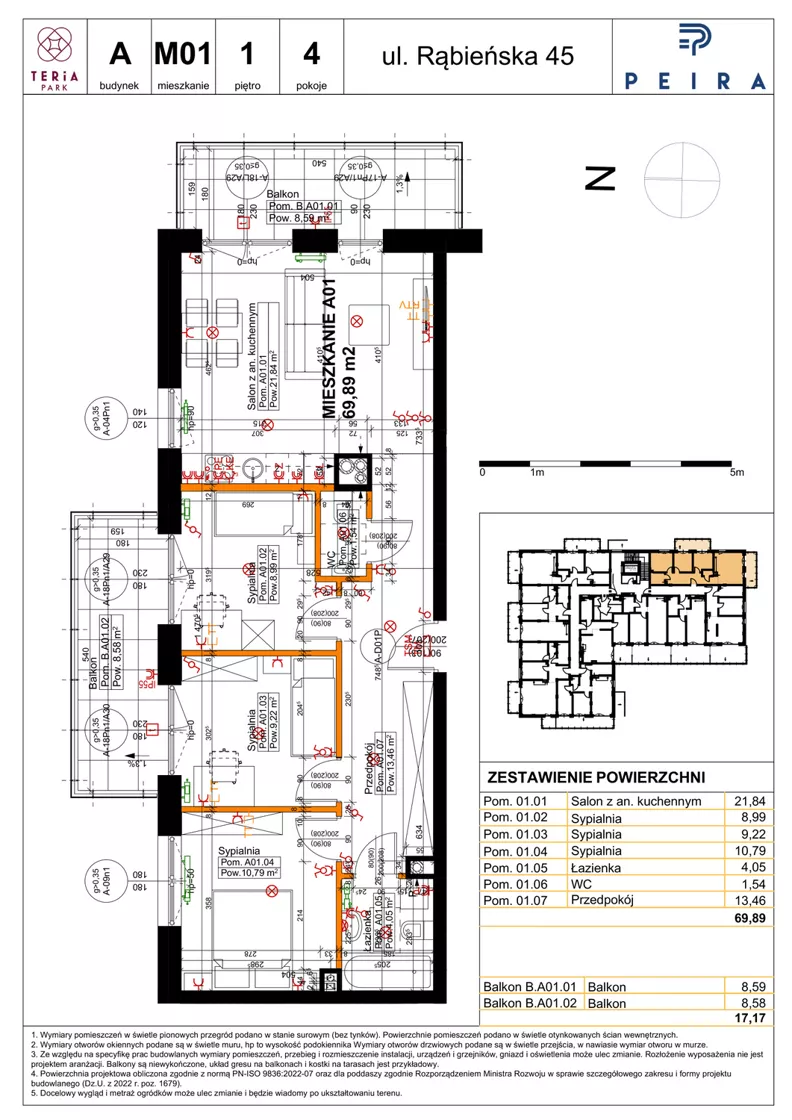 4 pokoje, mieszkanie 69,89 m², piętro 1, oferta nr A01, Teria Park, Łódź, Polesie, Złotno, ul. Rąbieńska 45