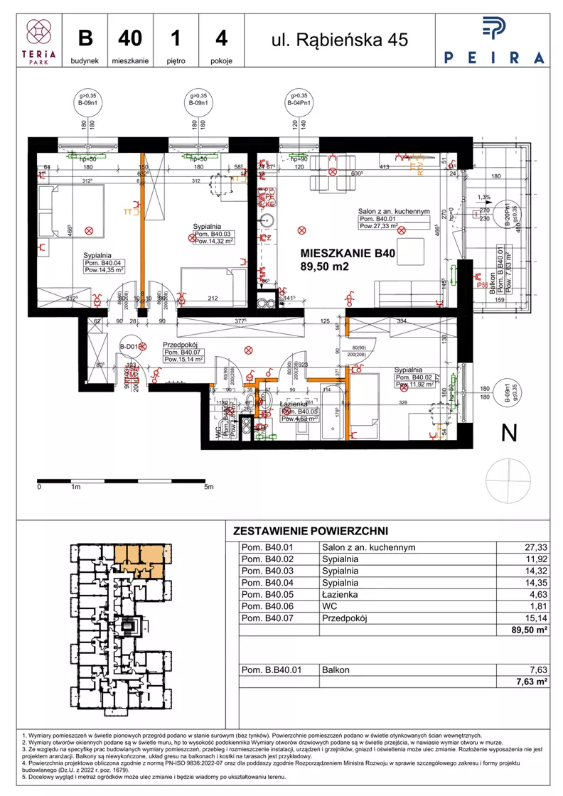 4 pokoje, mieszkanie 89,50 m², piętro 1, oferta nr B40, Teria Park, Łódź, Polesie, Złotno, ul. Rąbieńska 45
