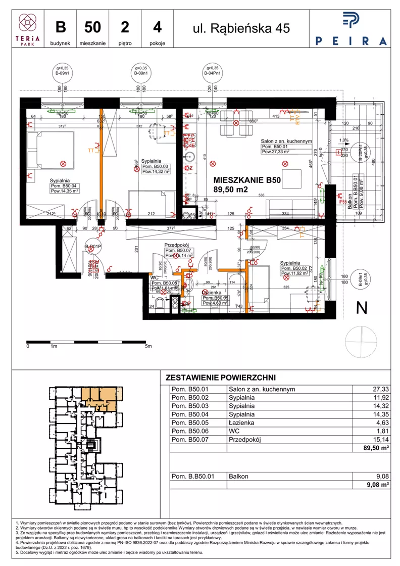 4 pokoje, mieszkanie 89,50 m², piętro 2, oferta nr B50, Teria Park, Łódź, Polesie, Złotno, ul. Rąbieńska 45