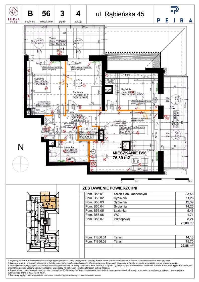 4 pokoje, mieszkanie 76,89 m², piętro 3, oferta nr B56, Teria Park, Łódź, Polesie, Złotno, ul. Rąbieńska 45