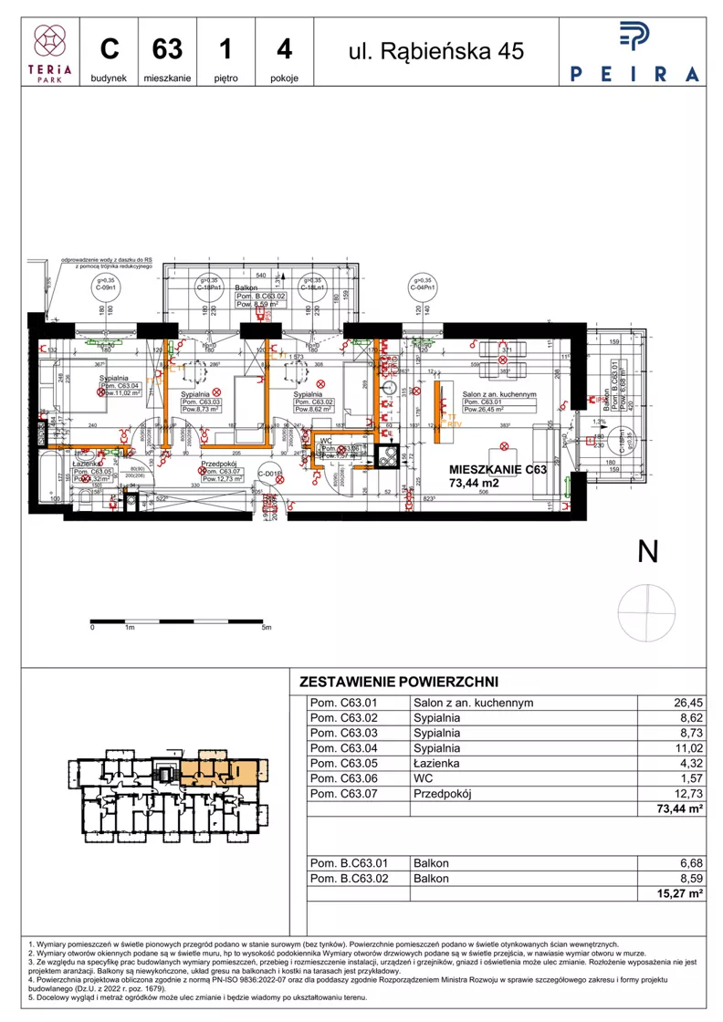 4 pokoje, mieszkanie 73,44 m², piętro 1, oferta nr C63, Teria Park, Łódź, Polesie, Złotno, ul. Rąbieńska 45