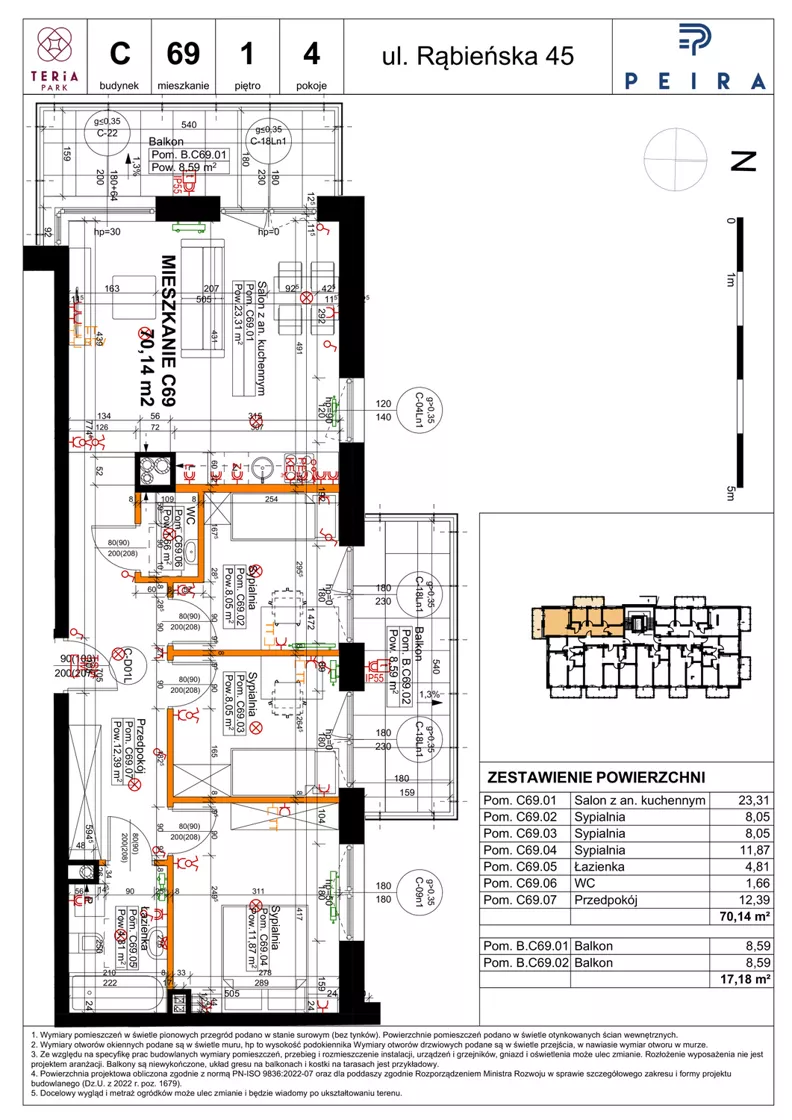 4 pokoje, mieszkanie 70,14 m², piętro 1, oferta nr C69, Teria Park, Łódź, Polesie, Złotno, ul. Rąbieńska 45