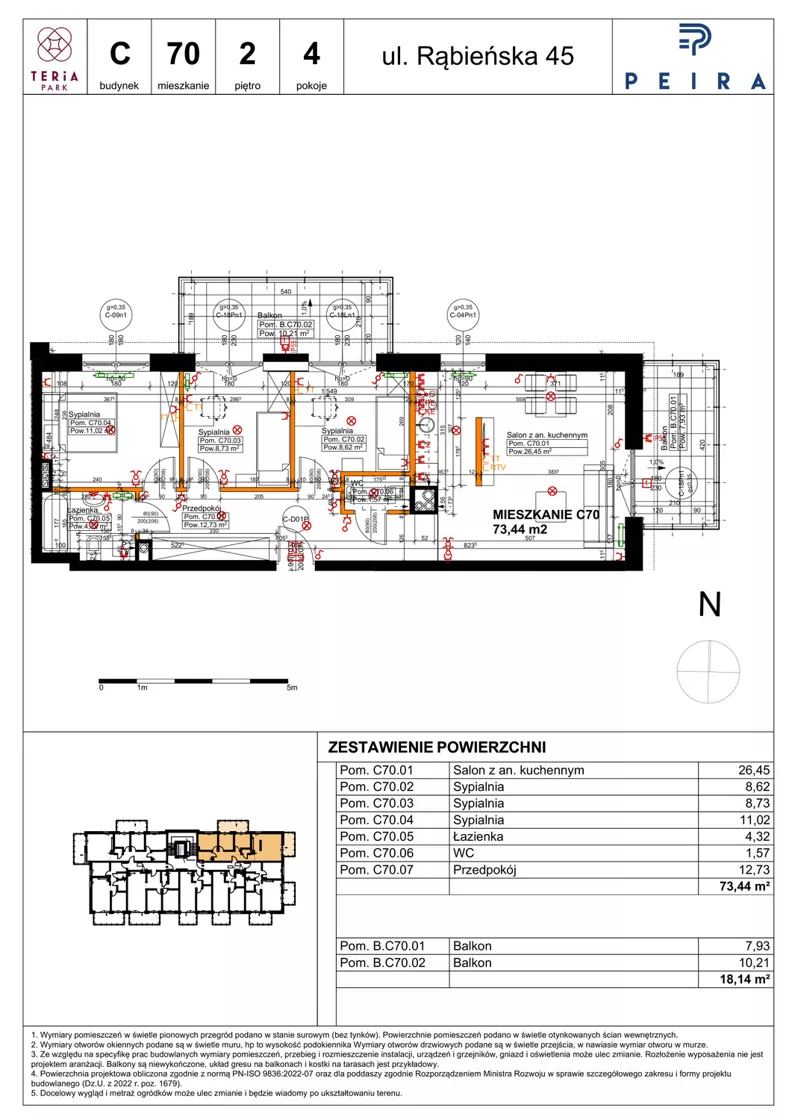 4 pokoje, mieszkanie 73,44 m², piętro 2, oferta nr C70, Teria Park, Łódź, Polesie, Złotno, ul. Rąbieńska 45