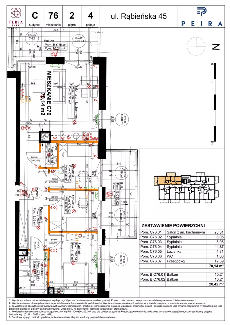 4 pokoje, mieszkanie 70,14 m², piętro 2, oferta nr C76, Teria Park, Łódź, Polesie, Złotno, ul. Rąbieńska 45