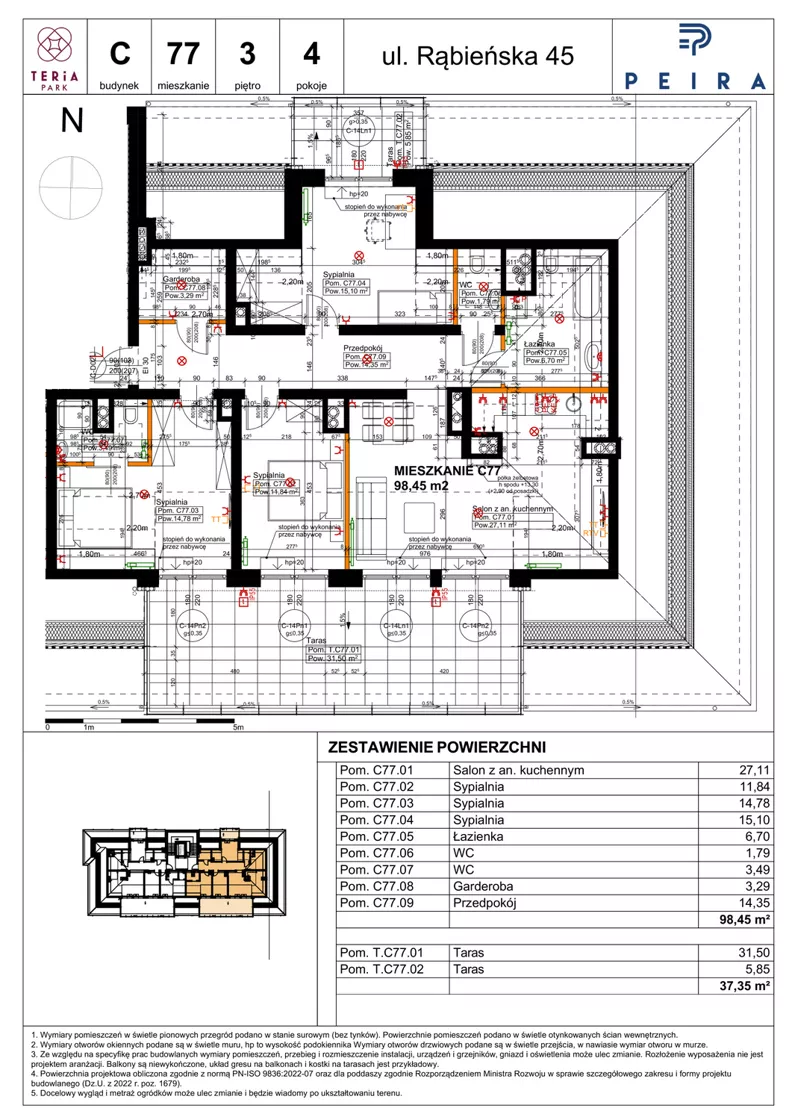 4 pokoje, mieszkanie 98,45 m², piętro 3, oferta nr C77, Teria Park, Łódź, Polesie, Złotno, ul. Rąbieńska 45