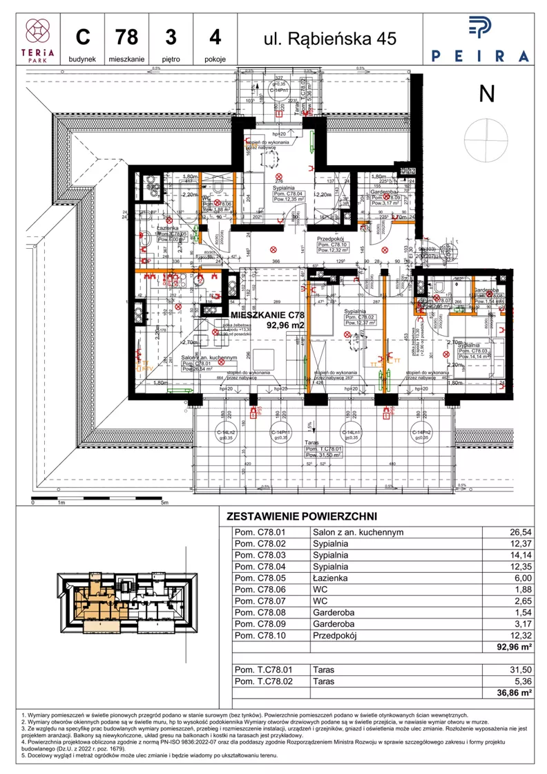 4 pokoje, mieszkanie 92,96 m², piętro 3, oferta nr C78, Teria Park, Łódź, Polesie, Złotno, ul. Rąbieńska 45