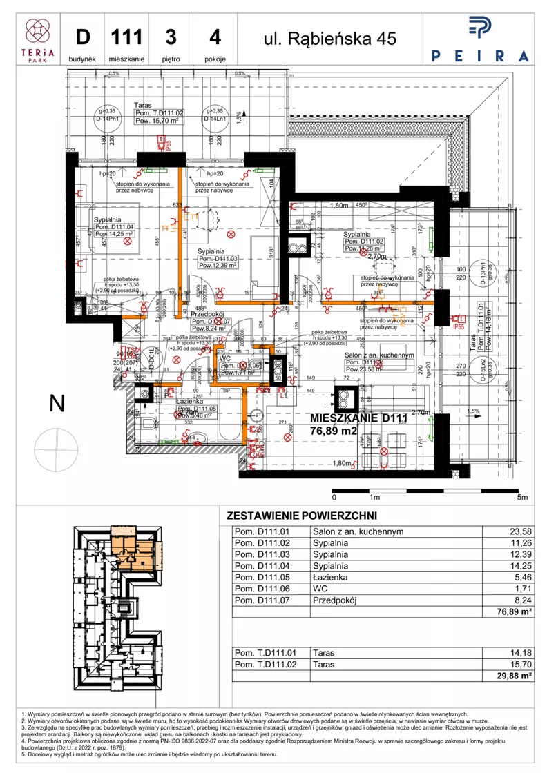 4 pokoje, mieszkanie 76,89 m², piętro 3, oferta nr D111, Teria Park, Łódź, Polesie, Złotno, ul. Rąbieńska 45