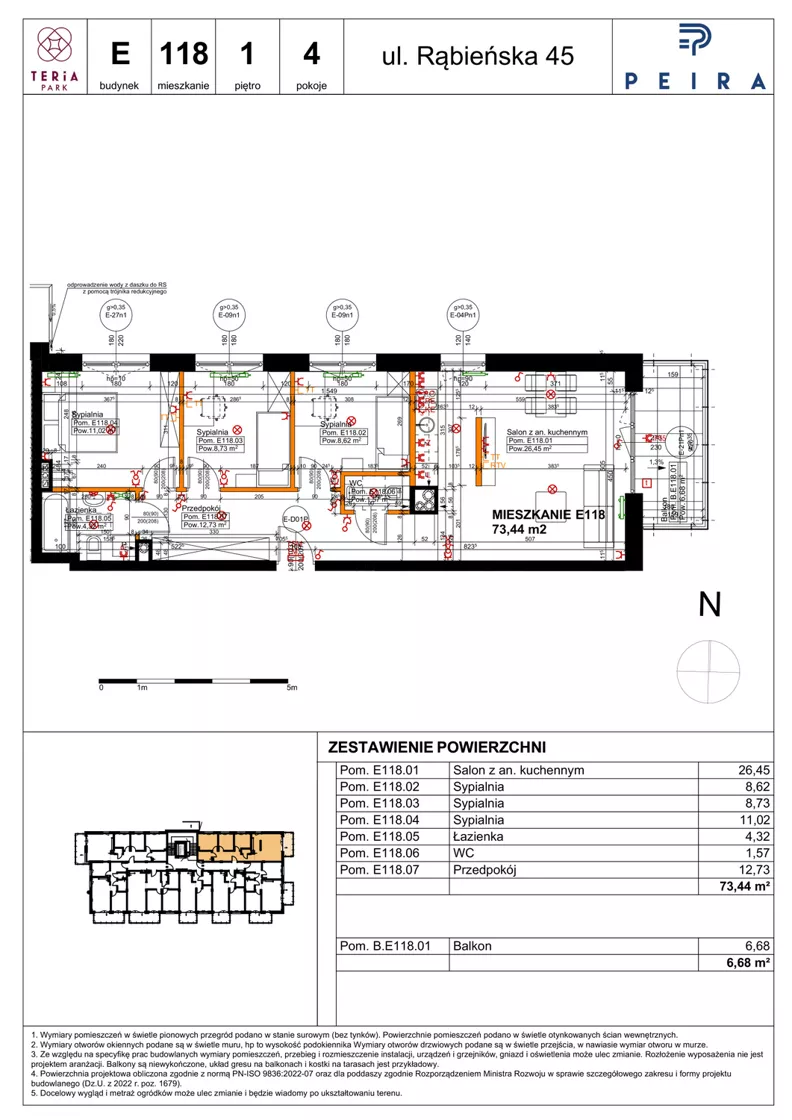 4 pokoje, mieszkanie 73,44 m², piętro 1, oferta nr E118, Teria Park, Łódź, Polesie, Złotno, ul. Rąbieńska 45