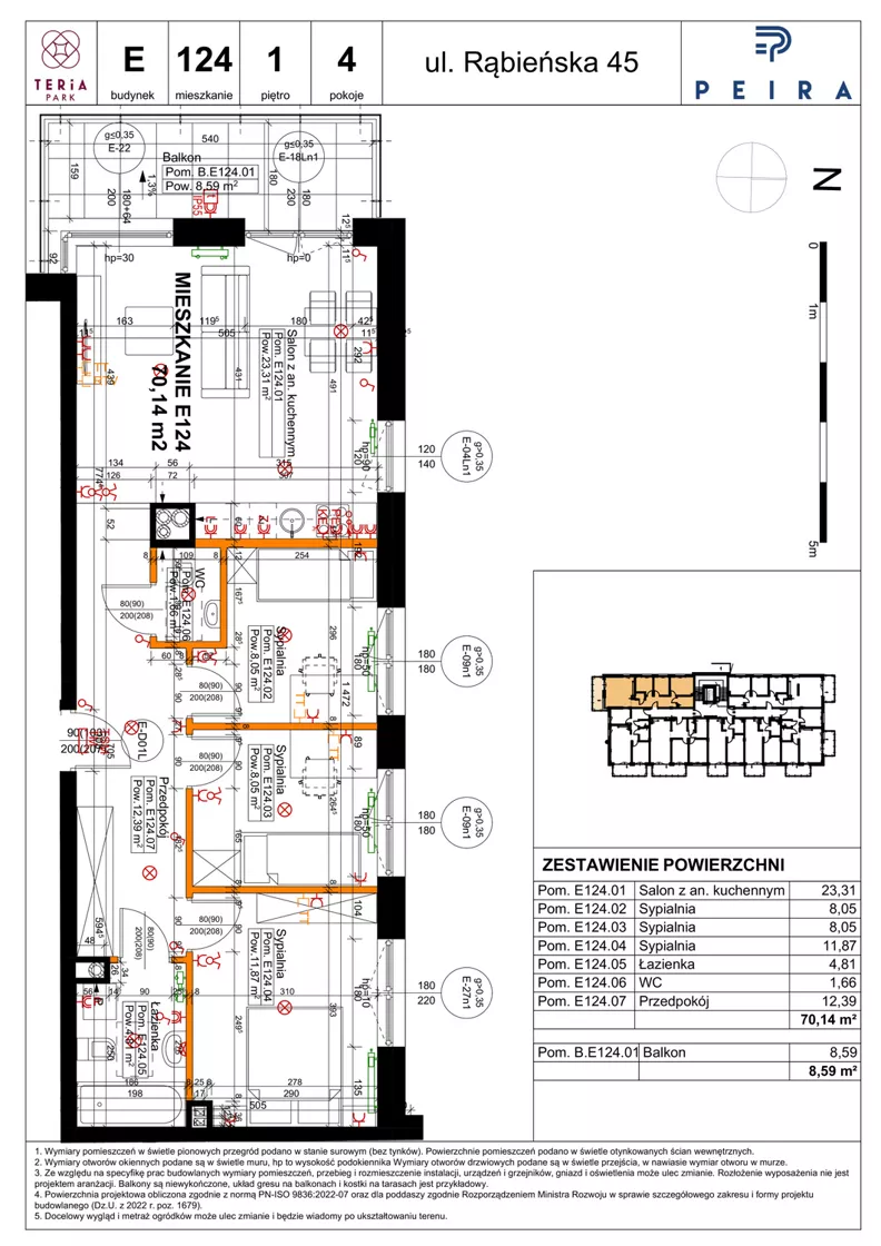 4 pokoje, mieszkanie 70,14 m², piętro 1, oferta nr E124, Teria Park, Łódź, Polesie, Złotno, ul. Rąbieńska 45