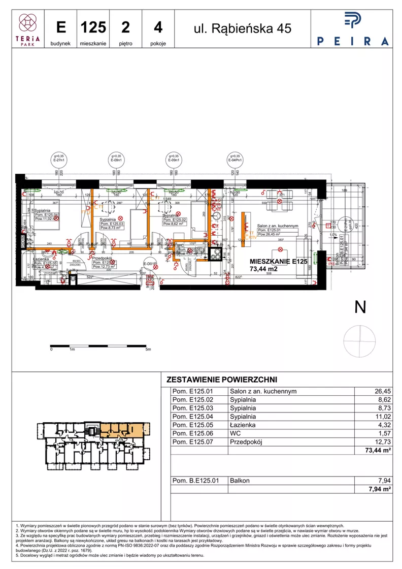 4 pokoje, mieszkanie 73,44 m², piętro 2, oferta nr E125, Teria Park, Łódź, Polesie, Złotno, ul. Rąbieńska 45