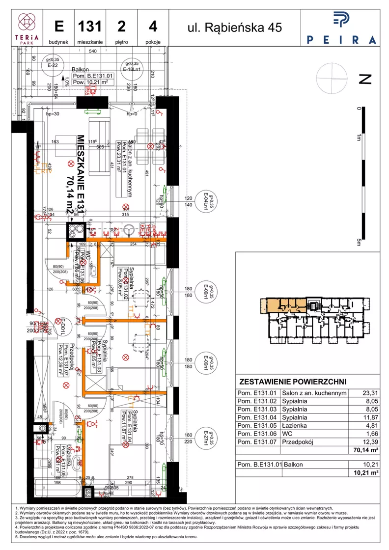 4 pokoje, mieszkanie 70,14 m², piętro 2, oferta nr E131, Teria Park, Łódź, Polesie, Złotno, ul. Rąbieńska 45